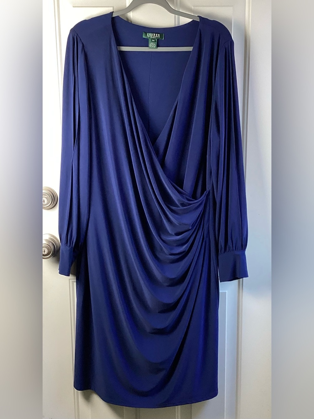 Ralph Lauren Deep Blue Draped Long-Sleeve MIDI Dress flowy stretchy